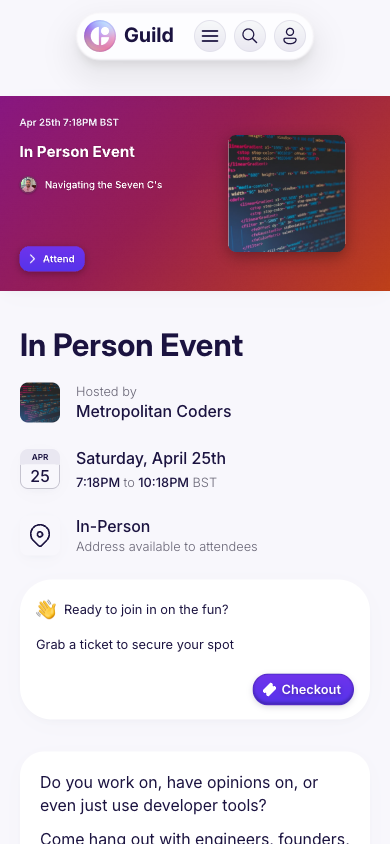 Event page showing the Hosted by section where the host Guild is displayed — co-hosts appear alongside the primary host