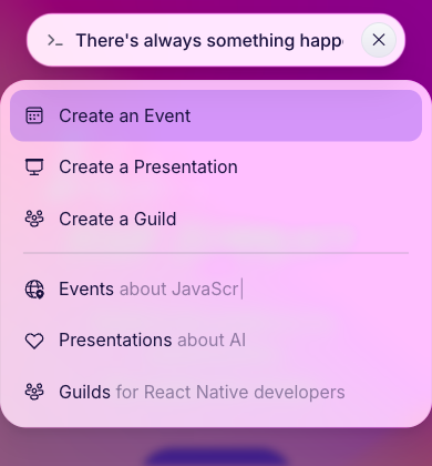 Command Palette open showing quick actions including Create a Presentation