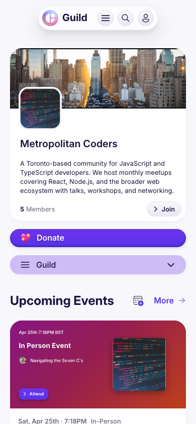 Toronto JavaScript guild profile page showing cover photo, profile photo, description, member count, upcoming events, and tab navigation