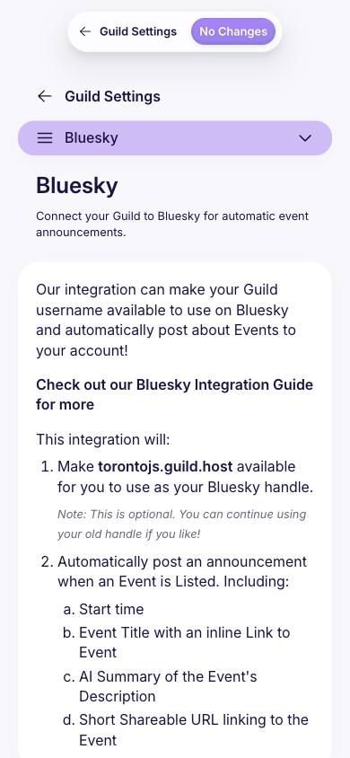 Guild Bluesky integration settings showing handle configuration and app password fields for connecting to Bluesky