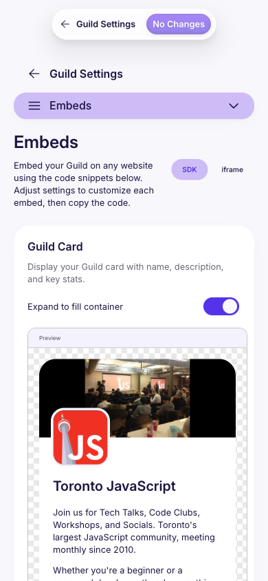 Guild Embeds settings page showing embed preview and HTML code snippet for embedding Events on external websites