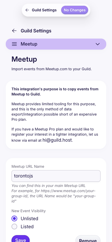 Meetup integration settings page for importing upcoming public events from Meetup to Guild