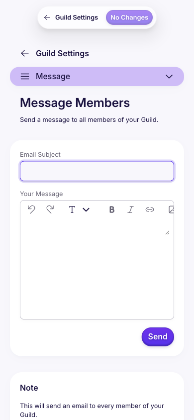 Guild Messaging compose screen with subject line and rich text body fields for sending messages to all Guild Members
