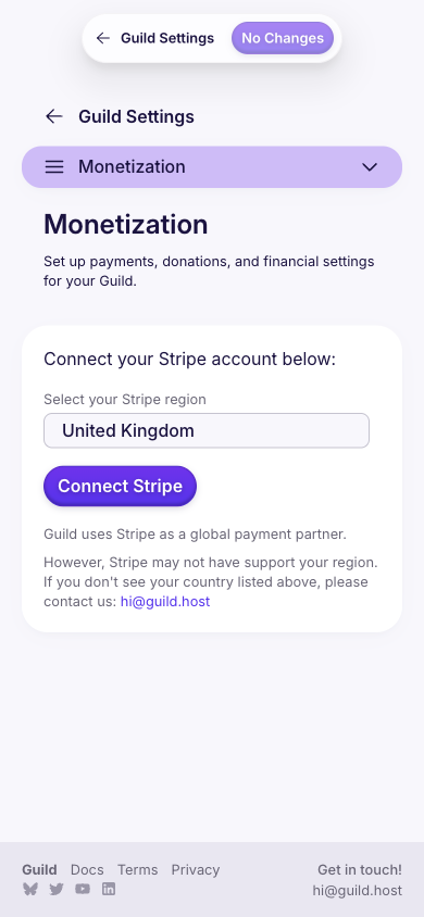 Guild Monetization settings page showing Connect Stripe button to enable payments for Event tickets and donations